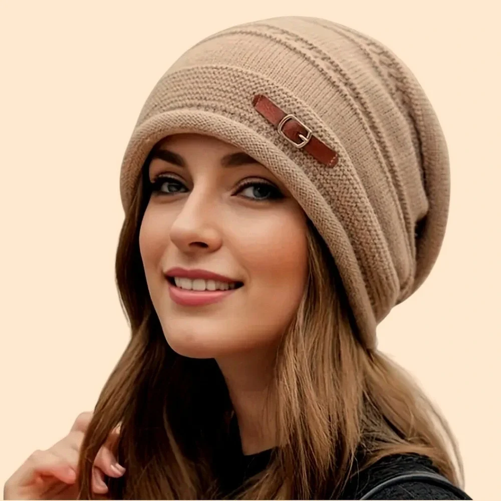 Slouchy Stretchy Winter Cozy Khaki Buckle Beanie Knit Hat OS Thick Soft Lined
